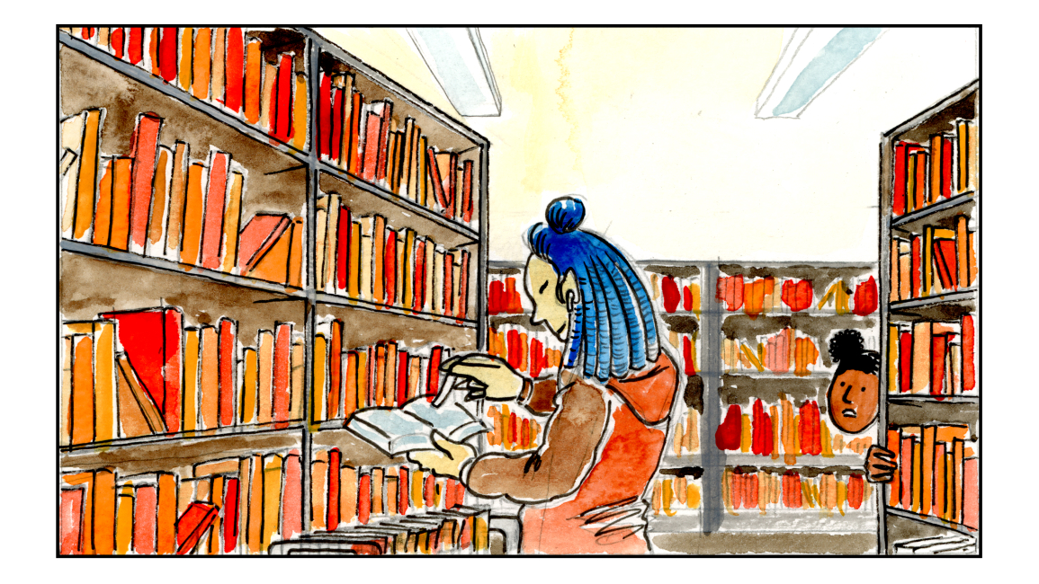 « ... le bibliothécaire se tient debout près d'un chariot de livres qu'il tient d'une main. »