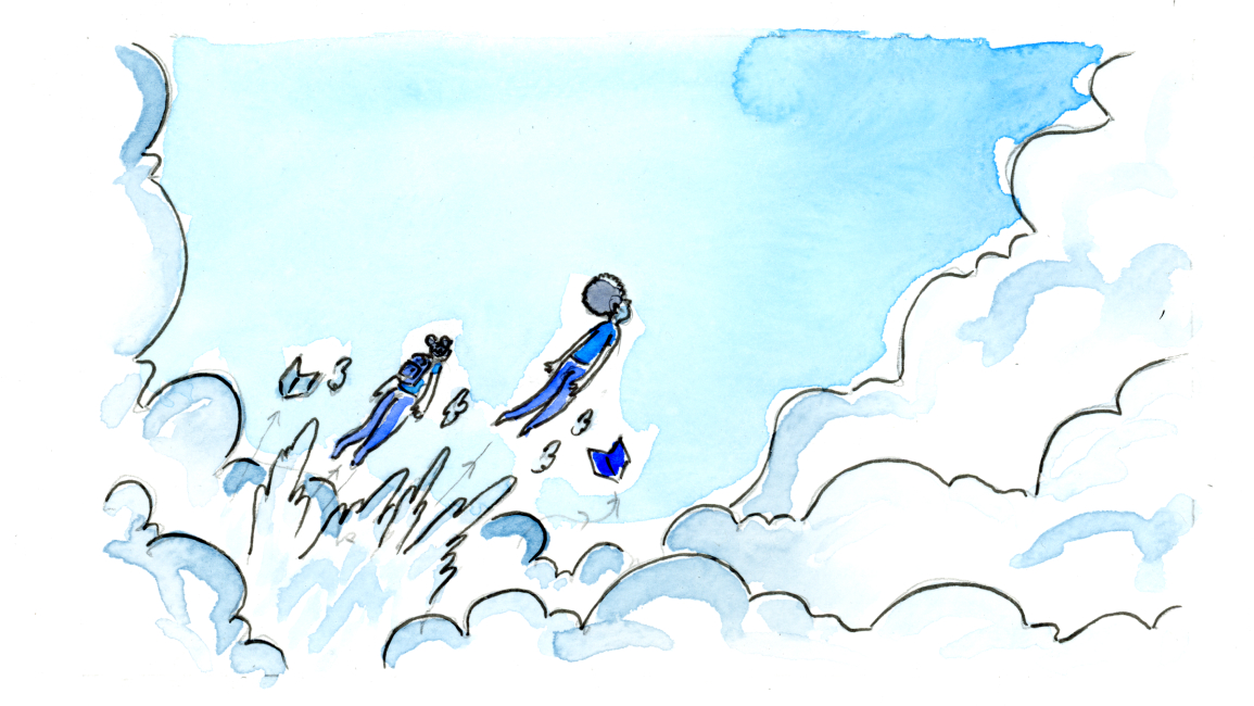 « Dans les airs, Awa et Isaro s’éloignent de la terre et traversent les nuages, accompagnées des livres. »