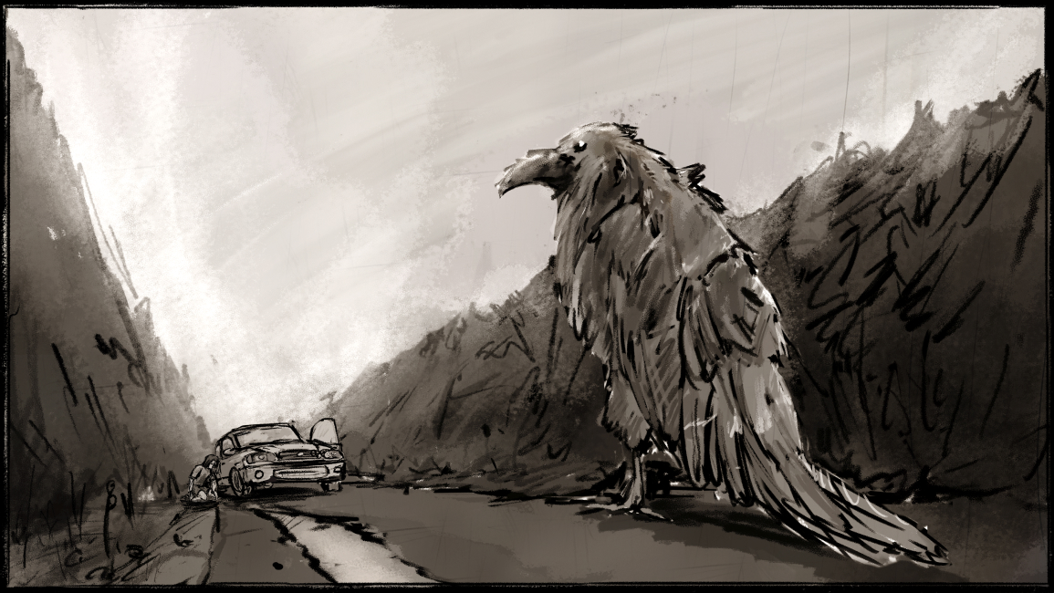 « À quelques mètres, les deux pattes ancrées sur la ligne blanche de l’asphalte, un grand corbeau noir le fixe d’un air sévère. »